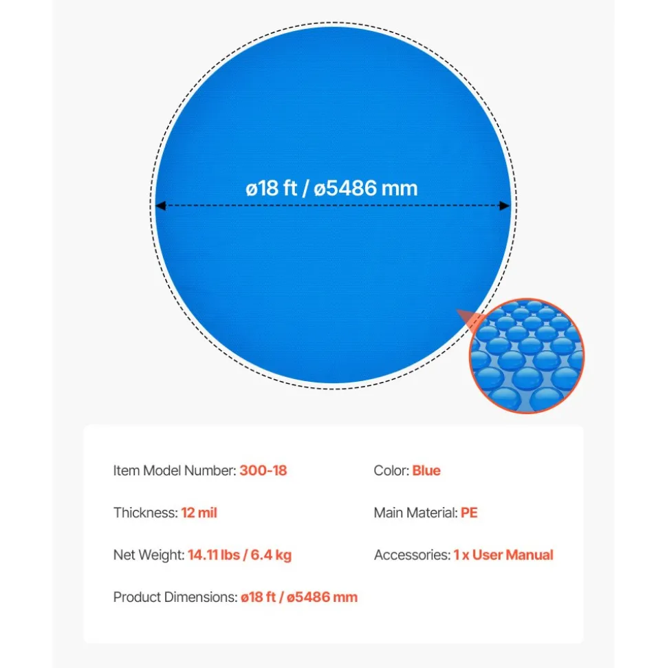 VEVOR Solar Pool Cover, 18 ft Round Pool Bubble Cover, 12 Mil Pools Solar Blanket with Bubble & PE Material, Daytime Heat Absorption, Nighttime Heat Retention, Heat Retaining Solars Covers, Blue