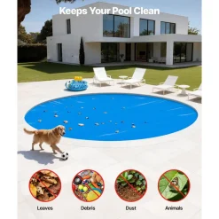 VEVOR Solar Pool Cover, 24 ft Round Pool Bubble Cover, 16 Mil Pools Solar Blanket with Bubble & PE Material, Daytime Heat Absorption, Nighttime Heat Retention, Heat Retaining Solars Covers, Blue