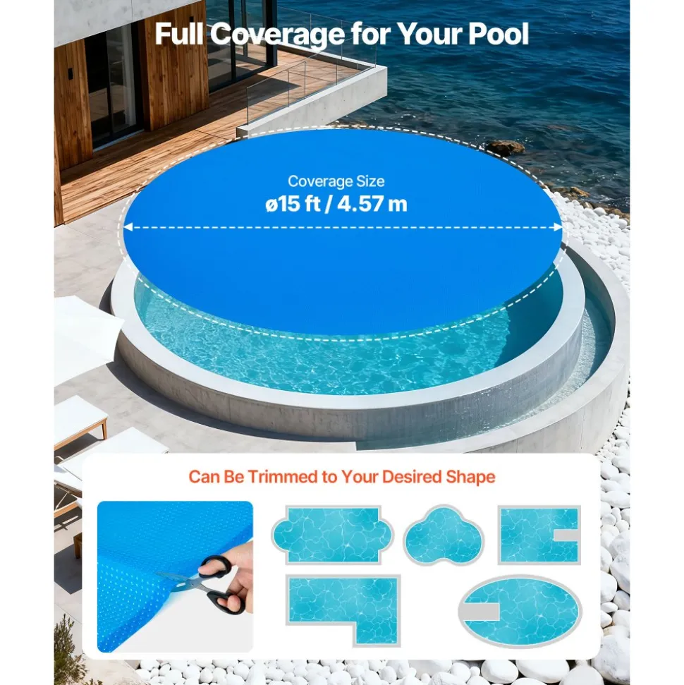 VEVOR Solar Pool Cover, 15 ft Round Pool Bubble Cover, 12 Mil Pools Solar Blanket with Bubble & PE Material, Daytime Heat Absorption, Nighttime Heat Retention, Heat Retaining Solars Covers, Blue