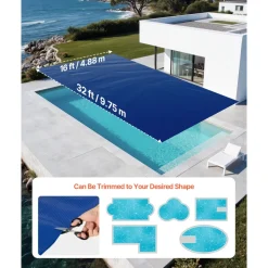 VEVOR Solar Pool Cover, 32 x 16 ft Pool Bubble Cover, 16 Mil Pools Solar Blanket with Dual Heat-Locking Air Layer for Pools, Daytime Heat Absorption, Nighttime Heat Retention, Blue & Silver, Cuttable