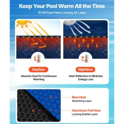 VEVOR Solar Pool Cover, 32 x 16 ft Pool Bubble Cover, 16 Mil Pools Solar Blanket with Dual Heat-Locking Air Layer for Pools, Daytime Heat Absorption, Nighttime Heat Retention, Blue & Silver, Cuttable