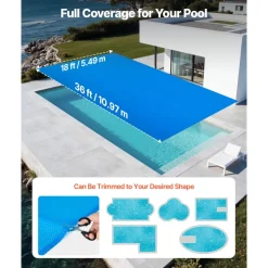 VEVOR Solar Pool Cover, 36 x 18 ft Rectangle Pool Bubble Cover, 8 Mil Pools Solar Blanket with Bubble & PE Material, Daytime Heat Absorption, Nighttime Heat Retention, Heat Retaining Solars Covers, Blue