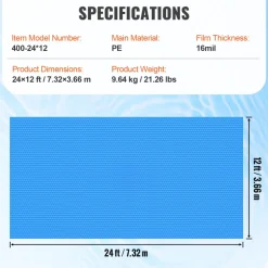 VEVOR Solar Pool Cover, 24 x 12 ft Rectangle Solar Blanket for Pools, Inground Above Ground Swimming Pool Solar Cover, 16 mil Solar Covers Blue
