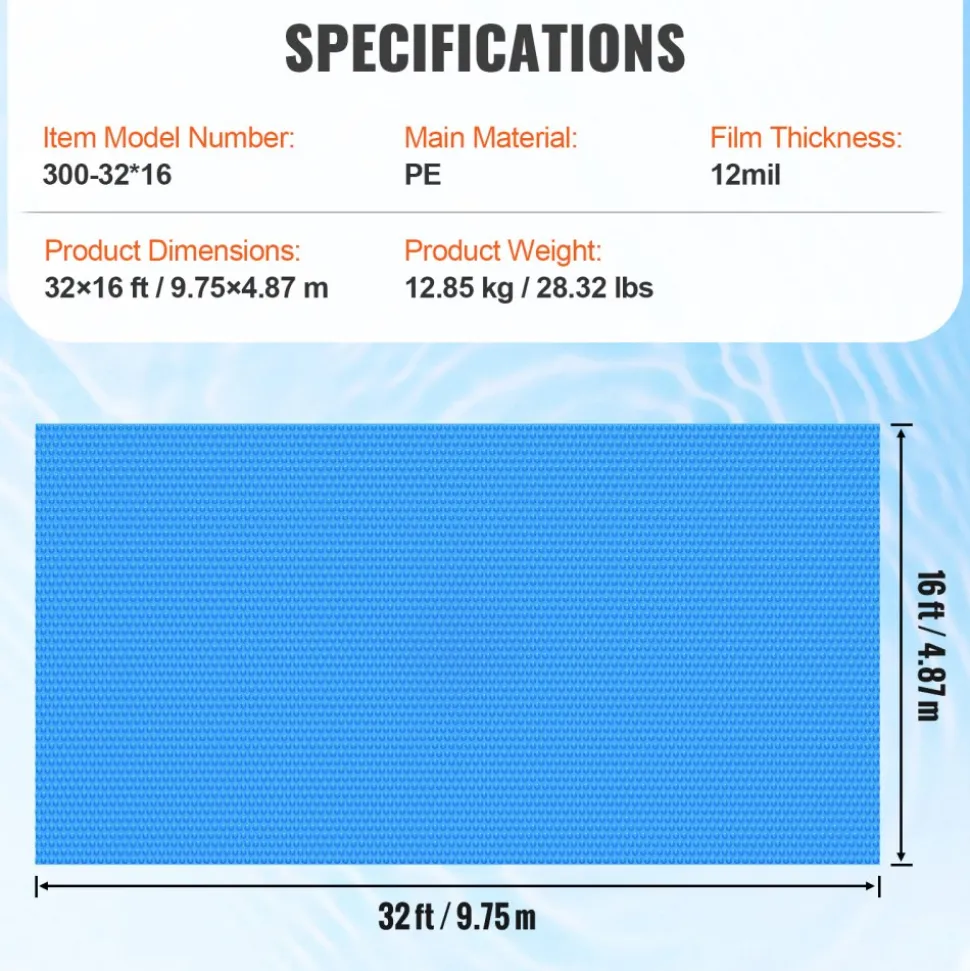 VEVOR Solar Pool Cover, 32 x 16 ft Rectangle Solar Blanket for Pools, Inground Above Ground Swimming Pool Solar Cover, 12 mil Solar Covers Blue