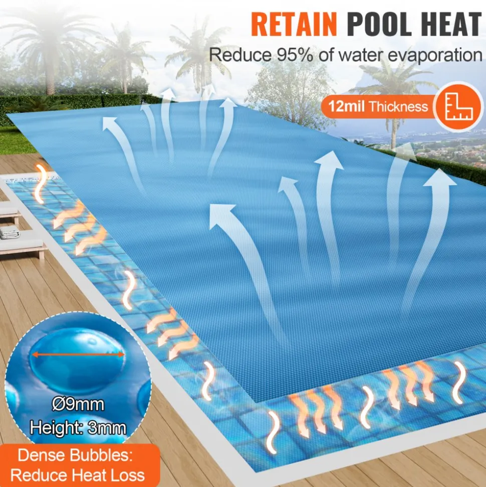 VEVOR Solar Pool Cover, 32 x 16 ft Rectangle Solar Blanket for Pools, Inground Above Ground Swimming Pool Solar Cover, 12 mil Solar Covers Blue
