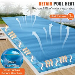 VEVOR Solar Pool Cover, 32 x 16 ft Rectangle Solar Blanket for Pools, Inground Above Ground Swimming Pool Solar Cover, 16 mil Solar Covers Blue