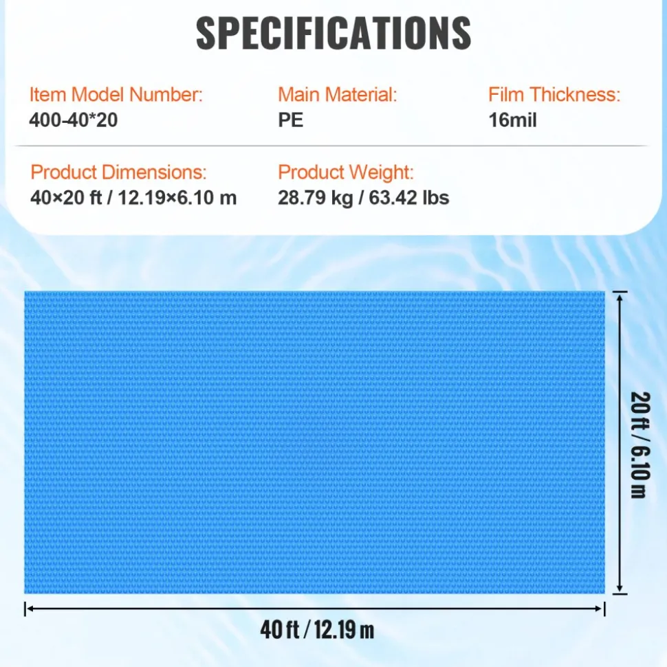 VEVOR Solar Pool Cover, 40 x 20 ft Rectangle Solar Blanket for Pools, Inground Above Ground Swimming Pool Solar Cover, 16 mil Solar Covers Blue