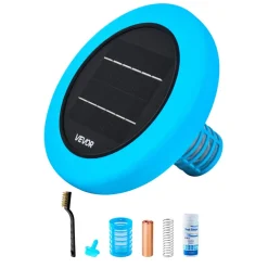 VEVOR Solar Pool Ionizer, Round Copper Pool Ionizer Up to 45000 Gal, Floating Automatic Water Cleaner and Purifier, Chlorine Free Water, with Copper Anode, Spring, Brush and Filter for Pools & Spas