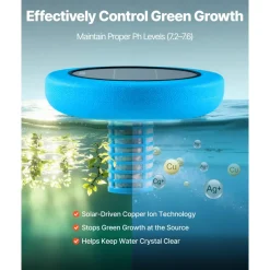 VEVOR Solar Pool Ionizer, Round Copper Pool Ionizer Up to 45000 Gal, Floating Automatic Water Cleaner and Purifier, Chlorine Free Water, with Copper Anode, Spring, Brush and Filter for Pools & Spas
