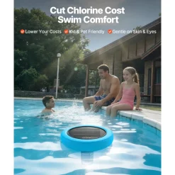 VEVOR Solar Pool Ionizer, Round Copper Pool Ionizer Up to 45000 Gal, Floating Automatic Water Cleaner and Purifier, Chlorine Free Water, with Copper Anode, Spring, Brush and Filter for Pools & Spas