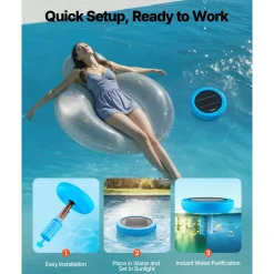 VEVOR Solar Pool Ionizer, Round Copper Pool Ionizer Up to 45000 Gal, Floating Automatic Water Cleaner and Purifier, Chlorine Free Water, with Copper Anode, Spring, Brush and Filter for Pools & Spas