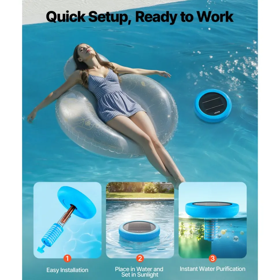 VEVOR Solar Pool Ionizer, Round Copper Pool Ionizer Up to 45000 Gal, Floating Automatic Water Cleaner and Purifier, Chlorine Free Water, with Copper Anode, Spring, Brush and Filter for Pools & Spas