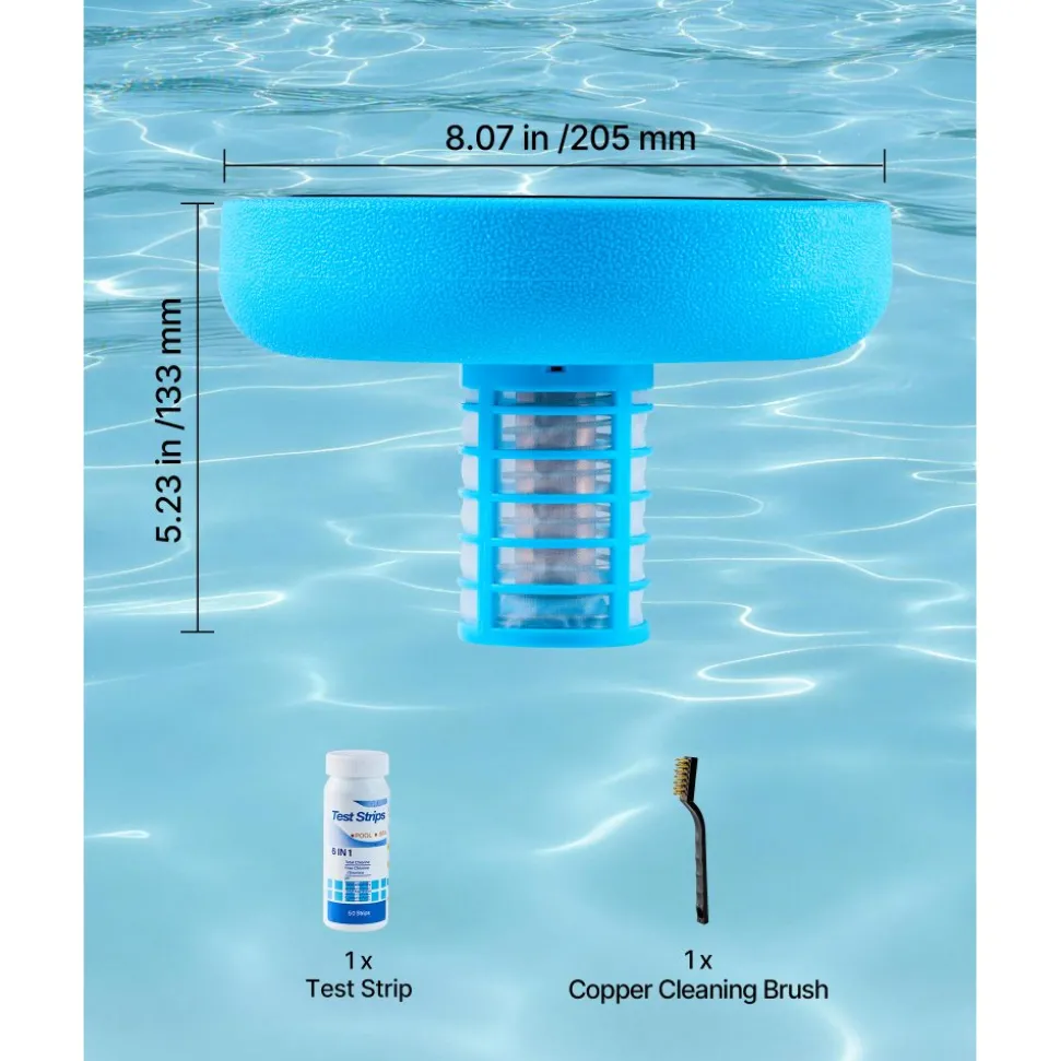 VEVOR Solar Pool Ionizer, Round Copper Pool Ionizer Up to 35000 Gal, Floating Automatic Water Cleaner and Purifier, Chlorine Free Water, with Copper Anode, Spring, Brush and Filter for Pools & Spas