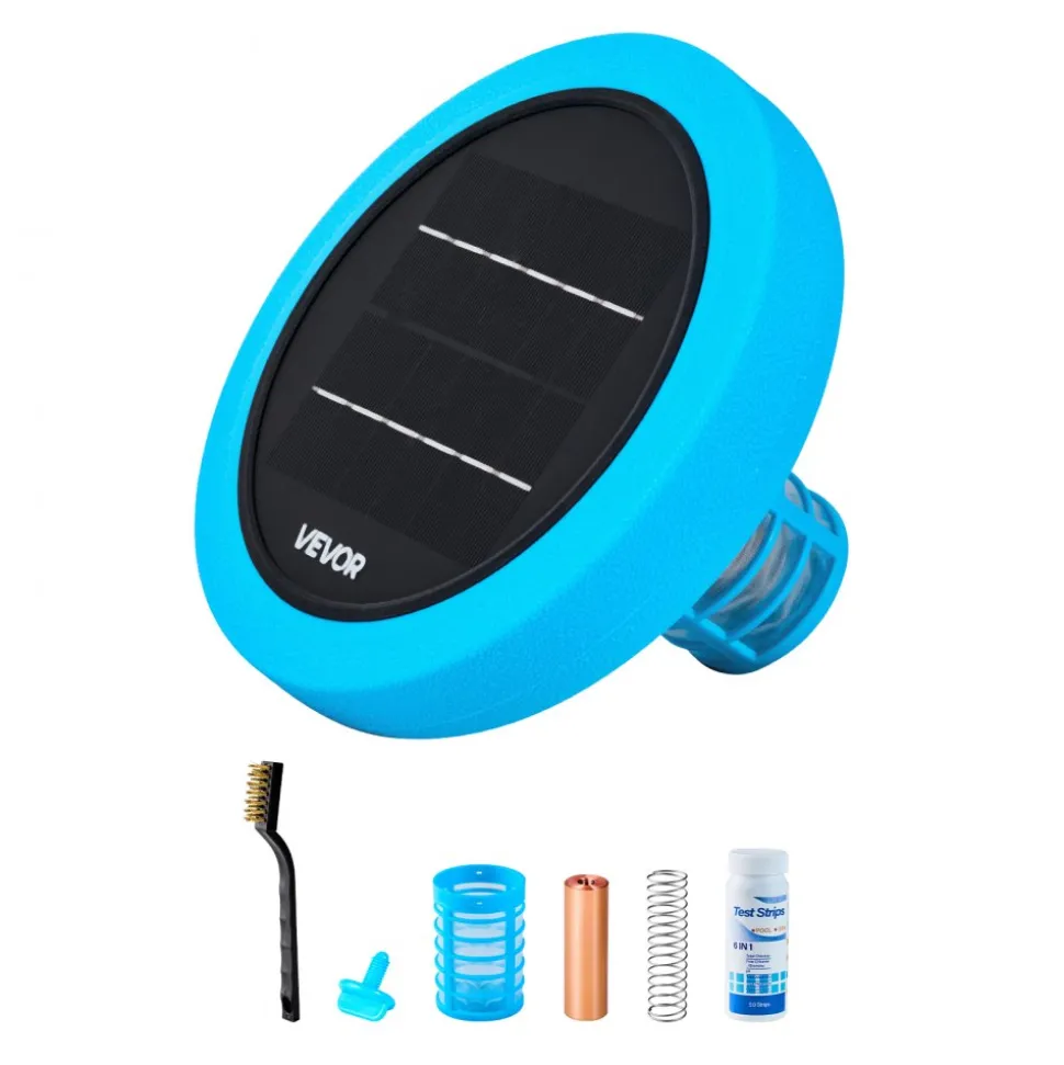 VEVOR Solar Pool Ionizer, Round Copper Pool Ionizer Up to 35000 Gal, Floating Automatic Water Cleaner and Purifier, Chlorine Free Water, with Copper Anode, Spring, Brush and Filter for Pools & Spas