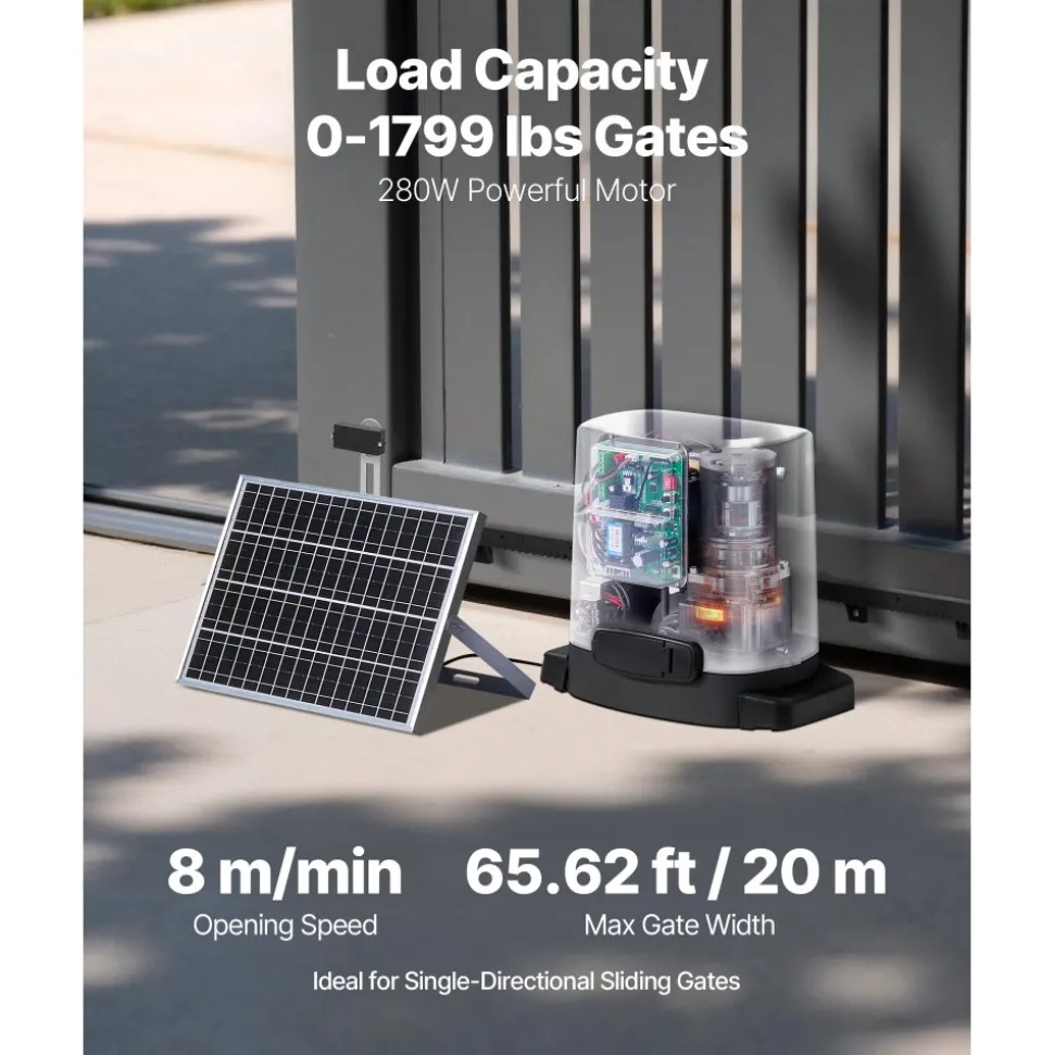 VEVOR Solar Sliding Gate Opener, 280W Electric Gate Opener for Doors up to 65.6ft 1799lbs, Gear Track Rolling Fence Door Motor with Infrared Sensor & 2 Remote Controls, Driveway Gates Opening System
