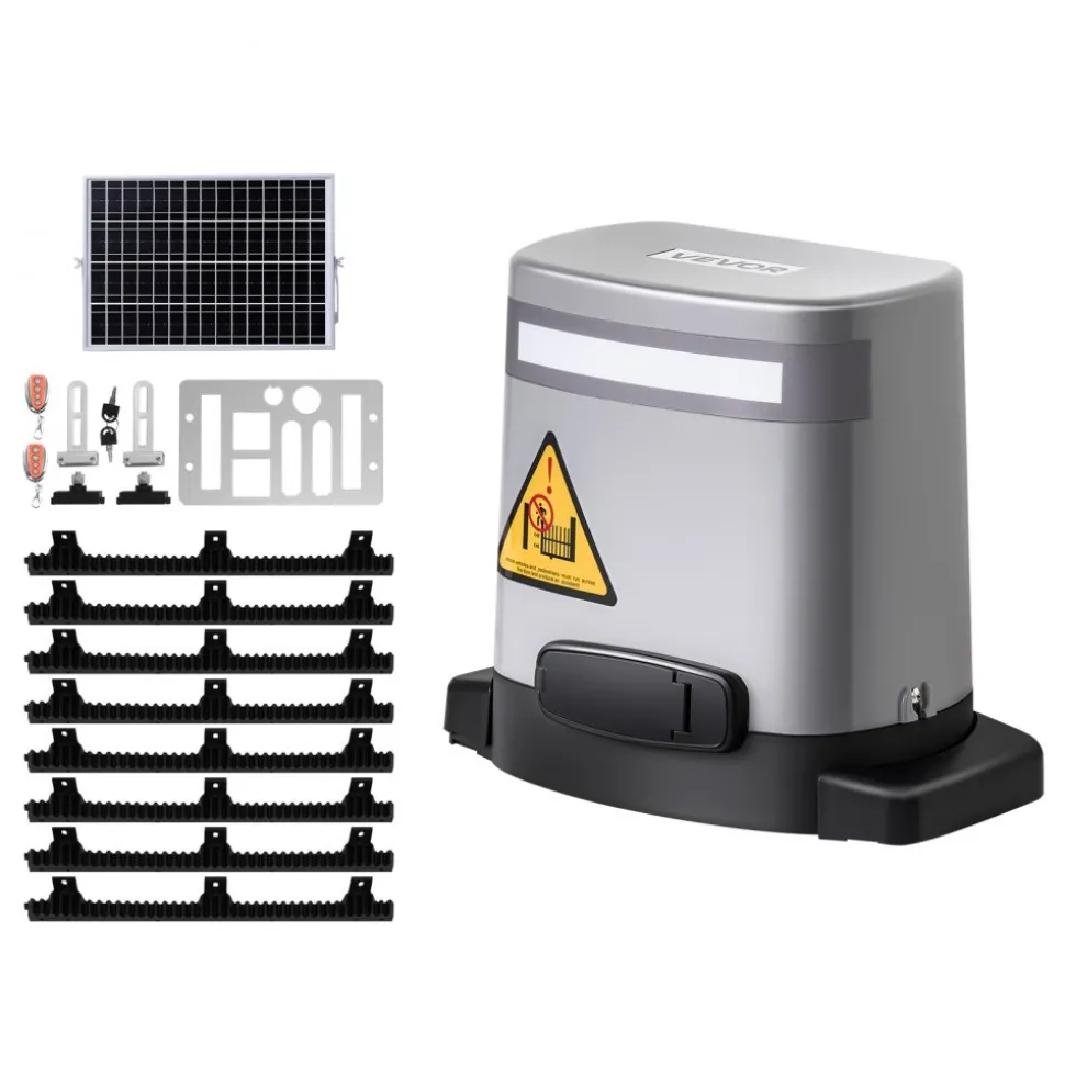 VEVOR Solar Sliding Gate Opener, 280W Electric Gate Opener for Doors up to 65.6ft 1799lbs, Gear Track Rolling Fence Door Motor with Infrared Sensor & 2 Remote Controls, Driveway Gates Opening System