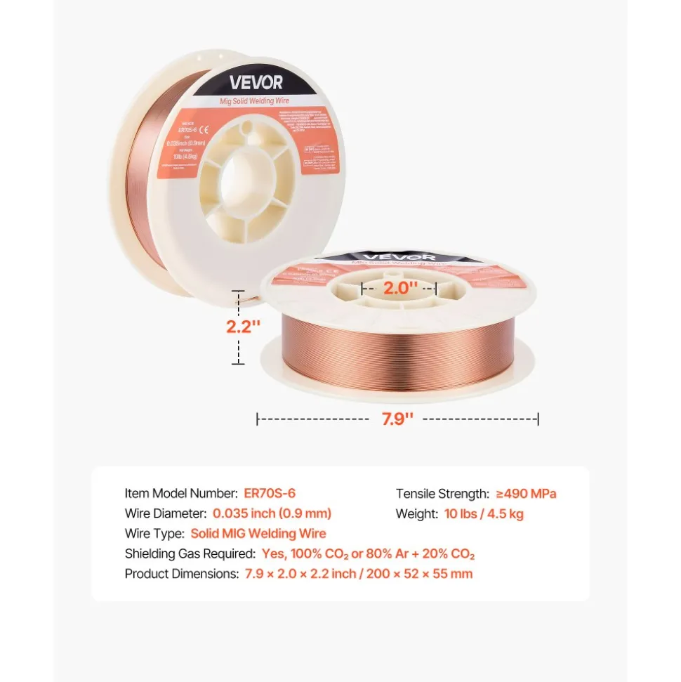 VEVOR Solid MIG Welding Wire, ER70S-6 0.035-inch 10 LBS, Low Spatter Mild Steel Welding Wire with High Deoxidizers for All-Position Gas Shielded Welding