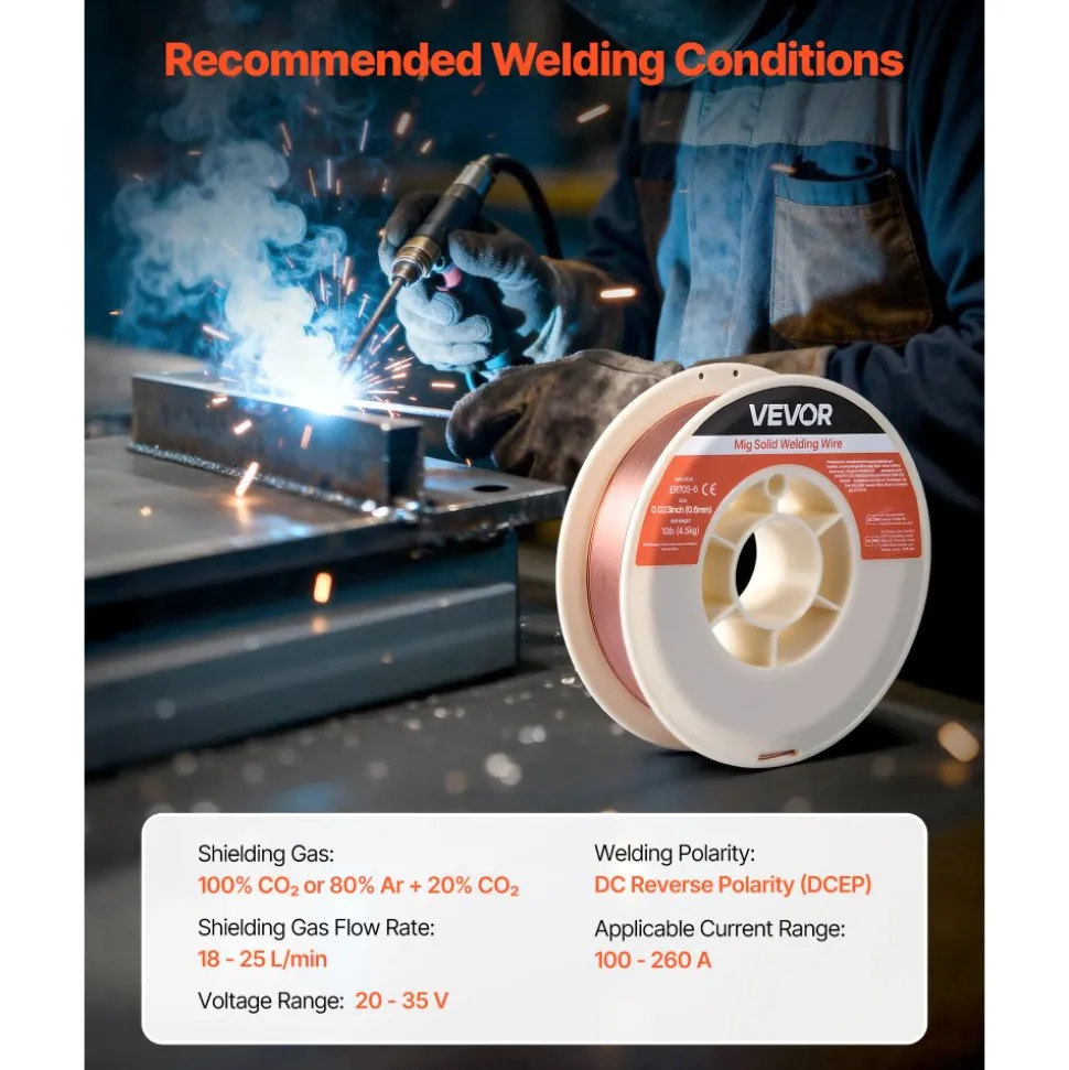 VEVOR Solid MIG Welding Wire, ER70S-6 0.023-inch 10 LBS, Low Spatter Mild Steel Welding Wire with High Deoxidizers for All-Position Gas Shielded Welding