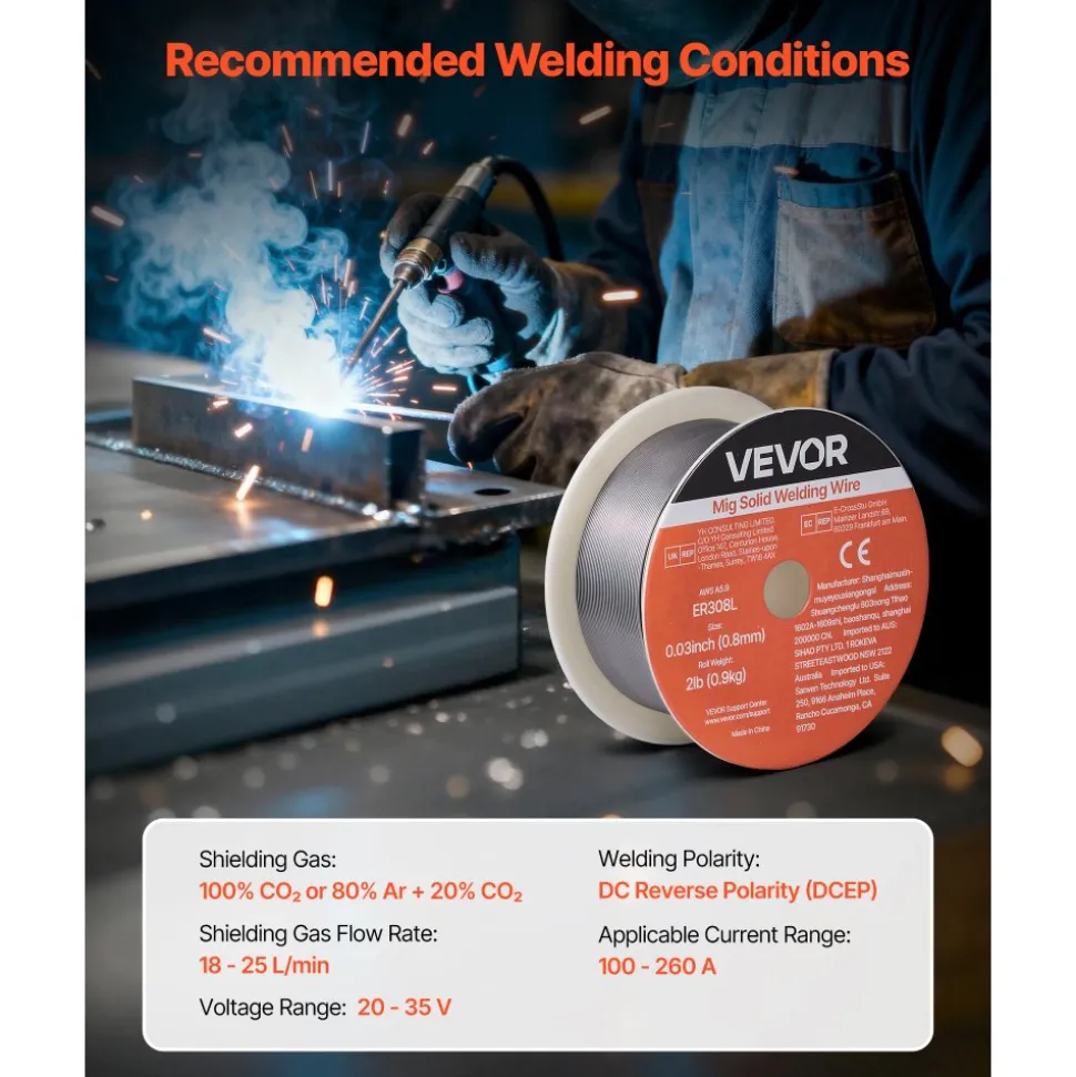 VEVOR Solid MIG Welding Wire, ER308L 0.03-inch 2 LBS, Low Spatter Stainless Steel Welding Wire with High Feedability for All-Position Gas Shielded Welding