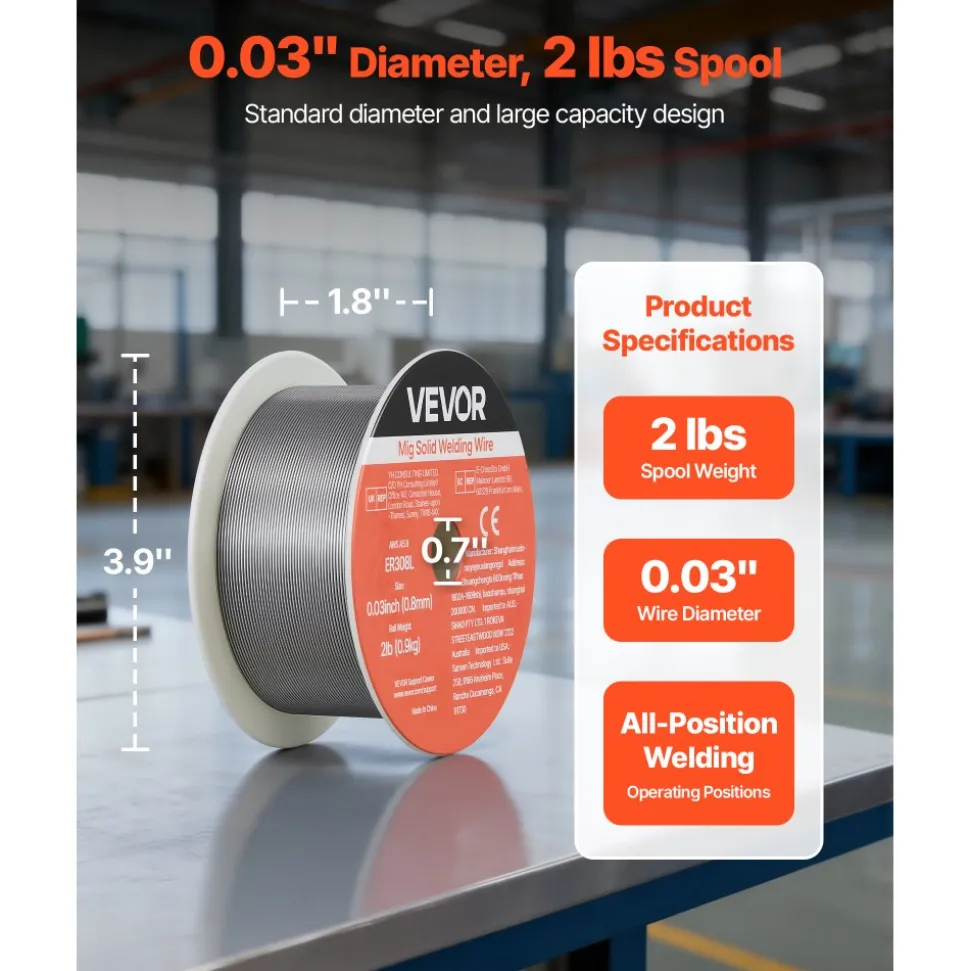 VEVOR Solid MIG Welding Wire, ER308L 0.03-inch 2 LBS, Low Spatter Stainless Steel Welding Wire with High Feedability for All-Position Gas Shielded Welding