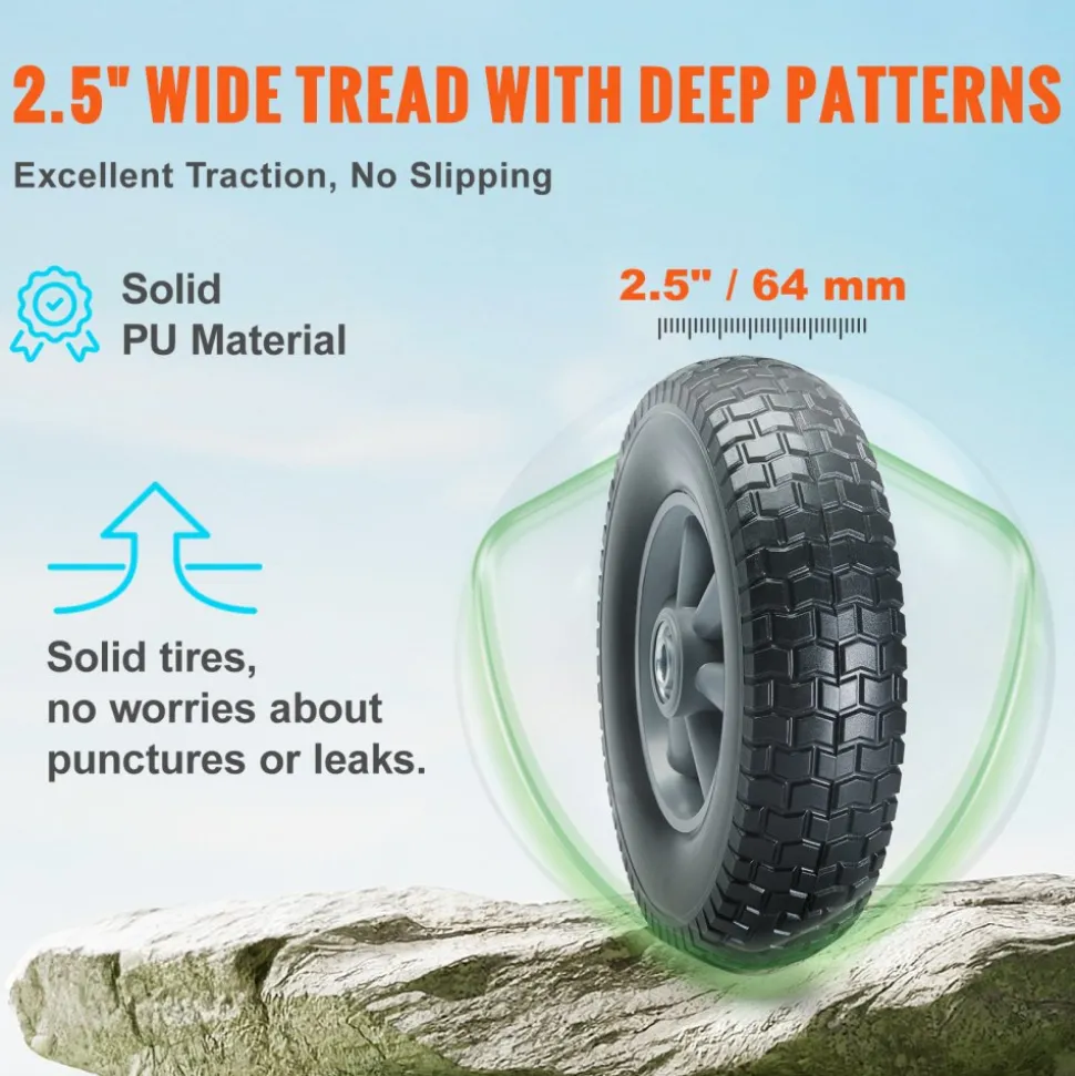 VEVOR Solid PU Run-Flat Tire Wheel, 10", 2-Pack, 180 lbs Dynamic Load, 220 lbs Static Load, Flat Free Tubeless Tires and Wheels for Hand Truck, Utility Cart, Dollies, Garden Trailers, Various Carts