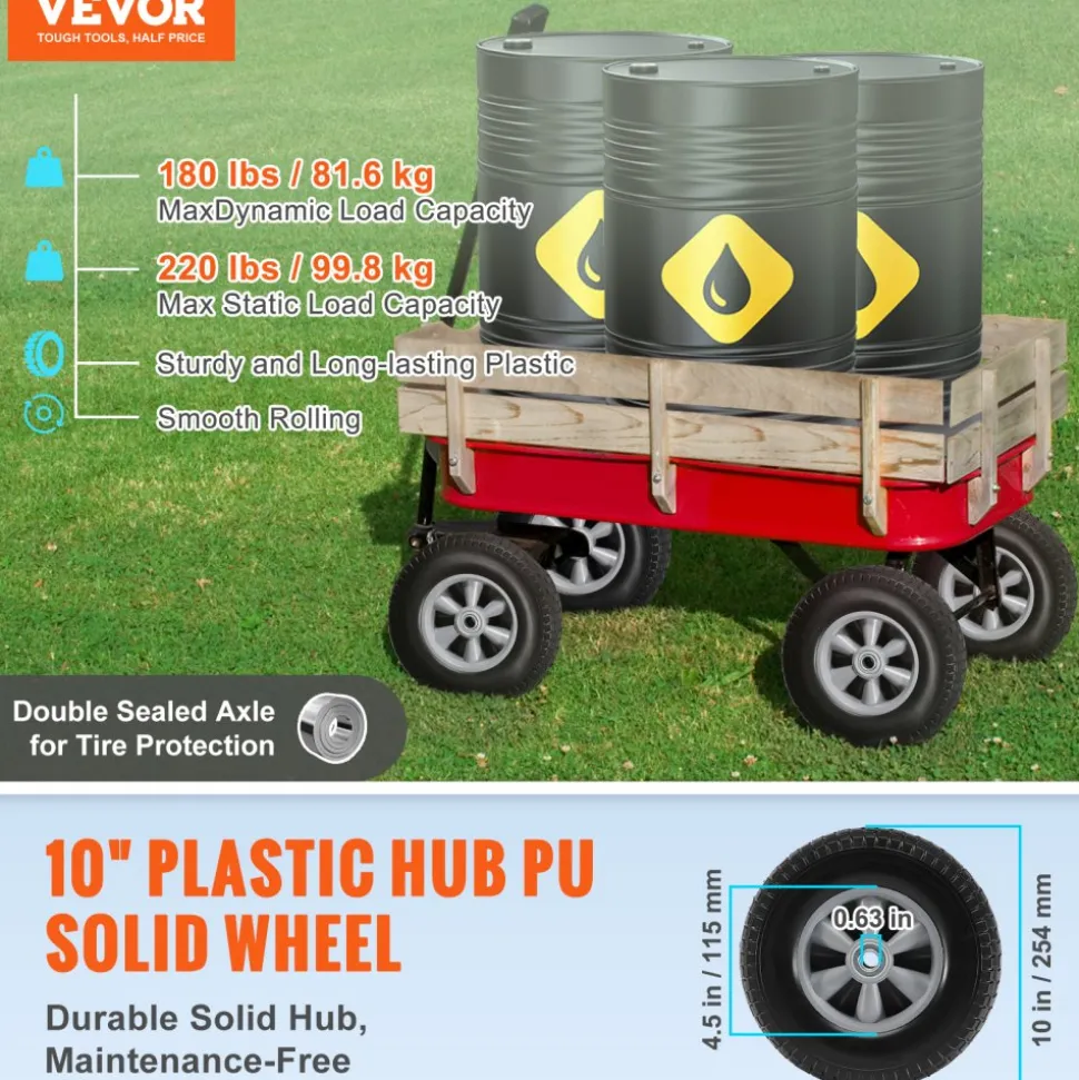 VEVOR Solid PU Run-Flat Tire Wheel, 10", 2-Pack, 180 lbs Dynamic Load, 220 lbs Static Load, Flat Free Tubeless Tires and Wheels for Hand Truck, Utility Cart, Dollies, Garden Trailers, Various Carts