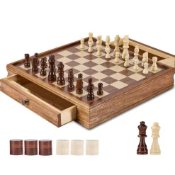 VEVOR Solid Wood Chess Set, 15 inch  2-IN-1 Chess Checkers Game Set, Chess Board Games with Storage Drawer & Weighted Chess Checkers Pieces & 2 Queens, for Adults Kids Tournament Professional Beginner