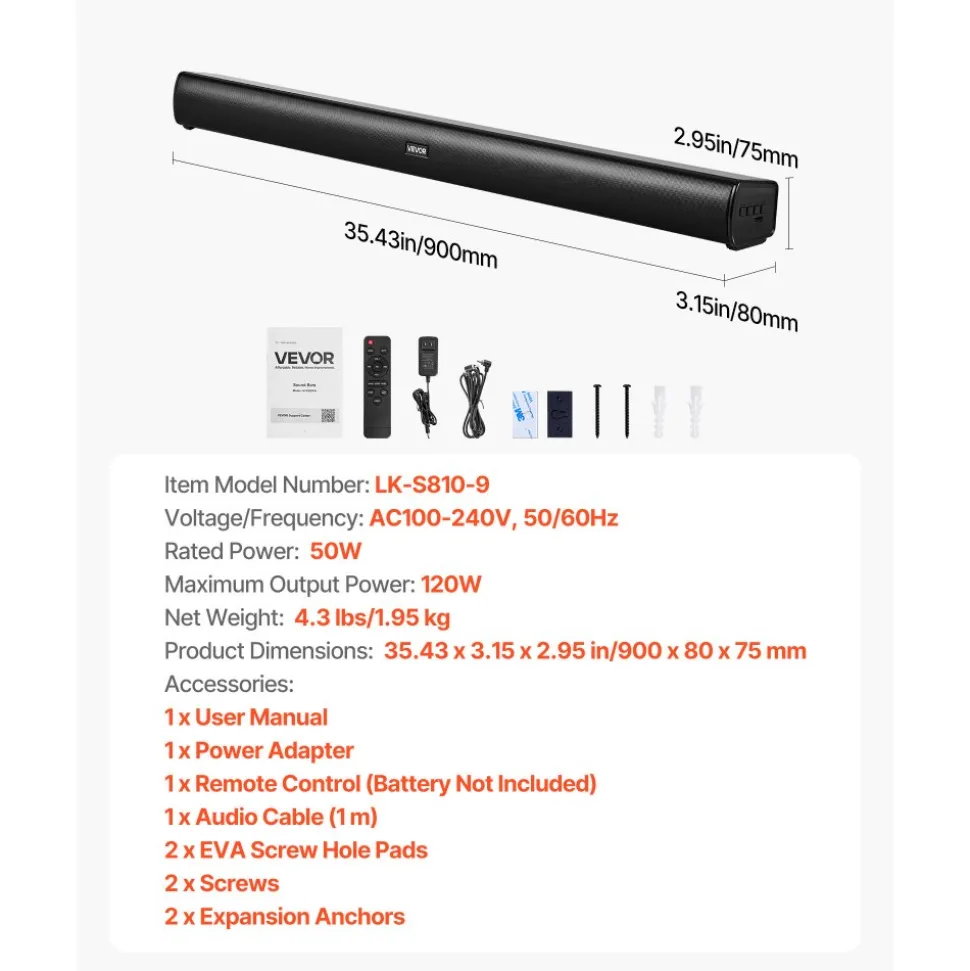 VEVOR Sound Bar for Smart TV, 2.1 Channel, 35-Inch Compact Soundbar TV Speakers with Built-In Subwoofer for Projector, Bluetooth AUX Connection, Easy Setup, 120W Surround Sound System for Home Audio