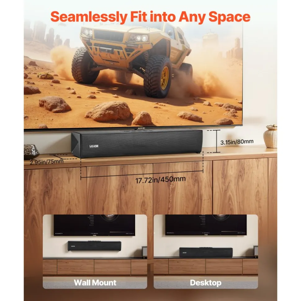 VEVOR Sound Bar for Smart TV, 2.0 Channel, 24-Inch Compact Soundbar TV Speakers for Projector, Bluetooth AUX Connection, Remote Control, Easy Setup, 80W Surround Sound System for PC Home Theater Audio