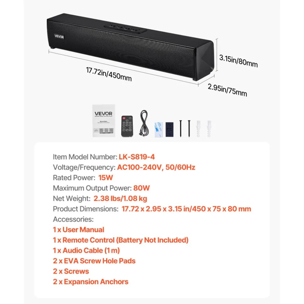 VEVOR Sound Bar for Smart TV, 2.0 Channel, 24-Inch Compact Soundbar TV Speakers for Projector, Bluetooth AUX Connection, Remote Control, Easy Setup, 80W Surround Sound System for PC Home Theater Audio