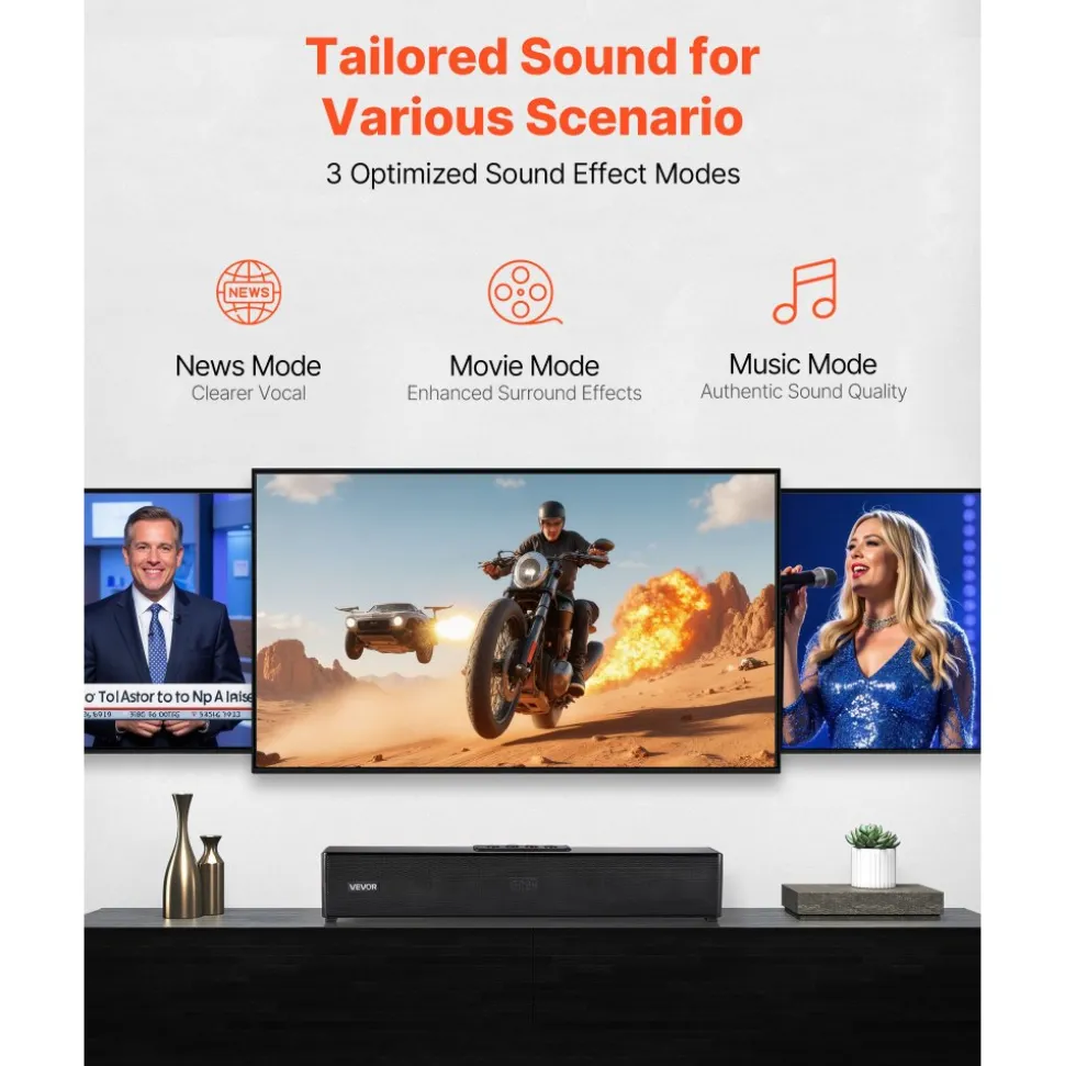 VEVOR Sound Bar for Smart TV, 2.0 Channel, 24-Inch Compact Soundbar TV Speakers for Projector, Bluetooth AUX Connection, Remote Control, Easy Setup, 80W Surround Sound System for PC Home Theater Audio