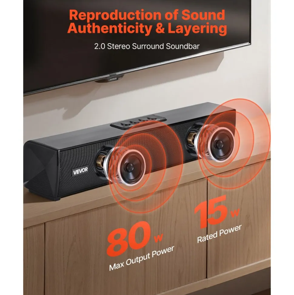 VEVOR Sound Bar for Smart TV, 2.0 Channel, 24-Inch Compact Soundbar TV Speakers for Projector, Bluetooth AUX Connection, Remote Control, Easy Setup, 80W Surround Sound System for PC Home Theater Audio