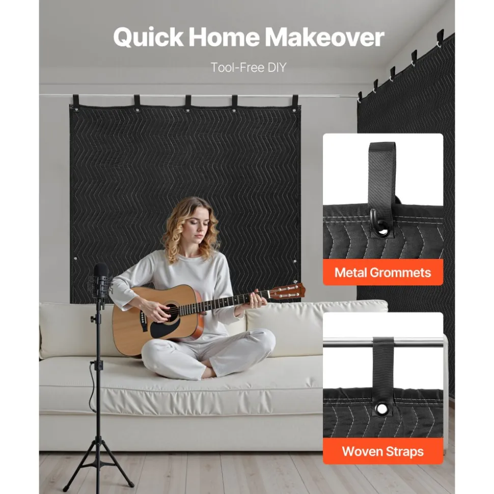 VEVOR Sound Dampening Blankets, Soundproof Curtains with 80 x 48 in, Soundproof Blanket with Grommets, Studio Grommeted Blanket, for Window, Door, Light Blocker, Music Recording, Black