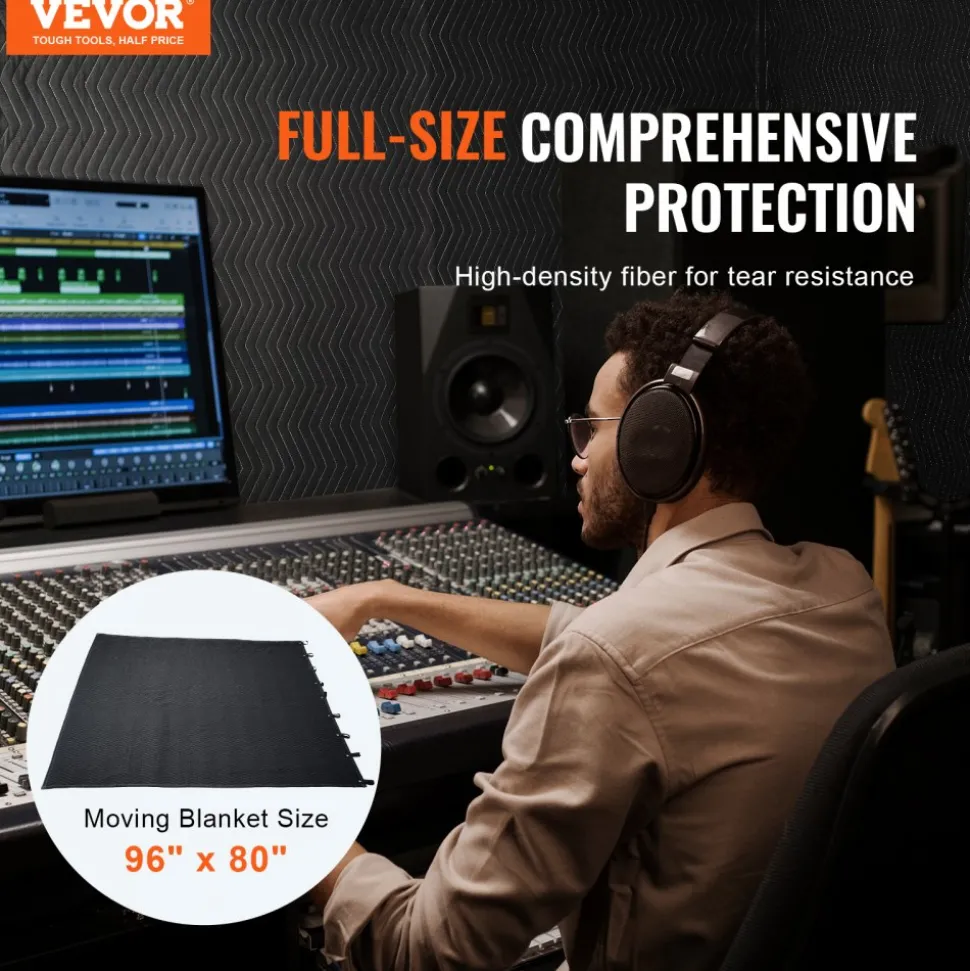 VEVOR Sound Dampening Blanket, 96" x 80", Extra Large Studio Grommeted Soundproof Blanket with Grommets, Light Blocker for Door Acoustic Noise Blocking Blanket Studio Sound Absorption Sheet, Black