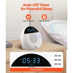 VEVOR Sound Machine, 18 Soothing Sleep Sounds and 7-Color Night Light, 5-in-1 White Noise Sound Machine with Dual Alarms, Auto-Off Timer and Memory Function, for Baby, Adults, Home, Office & Travel