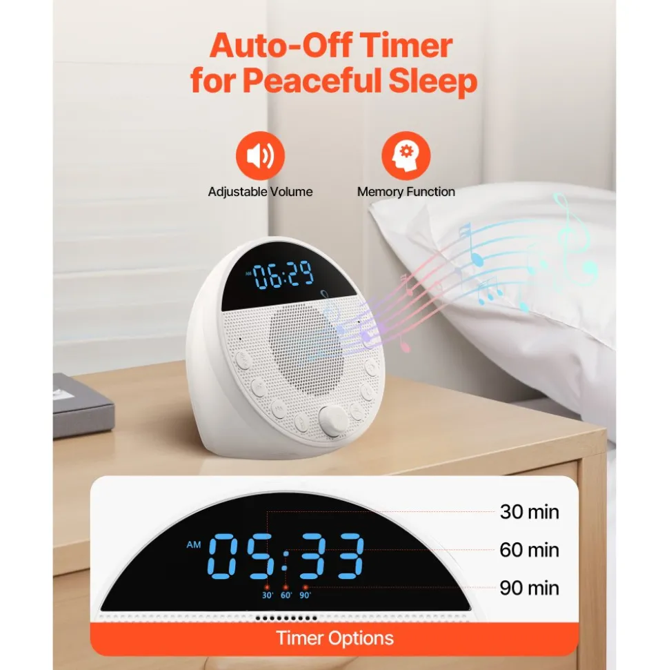 VEVOR Sound Machine, 18 Soothing Sleep Sounds and 7-Color Night Light, 5-in-1 White Noise Sound Machine with Dual Alarms, Auto-Off Timer and Memory Function, for Baby, Adults, Home, Office & Travel