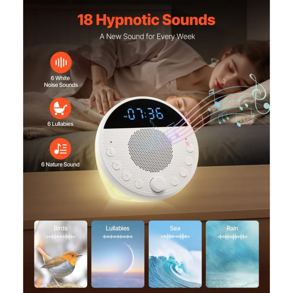 VEVOR Sound Machine, 18 Soothing Sleep Sounds, 7-Color Night Light, 6-in-1 White Noise Sound Machine with Dual Alarms, APP, Auto-Off Timer and Memory Function, for Baby, Adults, Home, Office & Travel