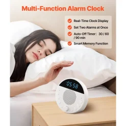 VEVOR Sound Machine, 18 Soothing Sleep Sounds, 7-Color Night Light, 6-in-1 White Noise Sound Machine with Dual Alarms, APP, Auto-Off Timer and Memory Function, for Baby, Adults, Home, Office & Travel