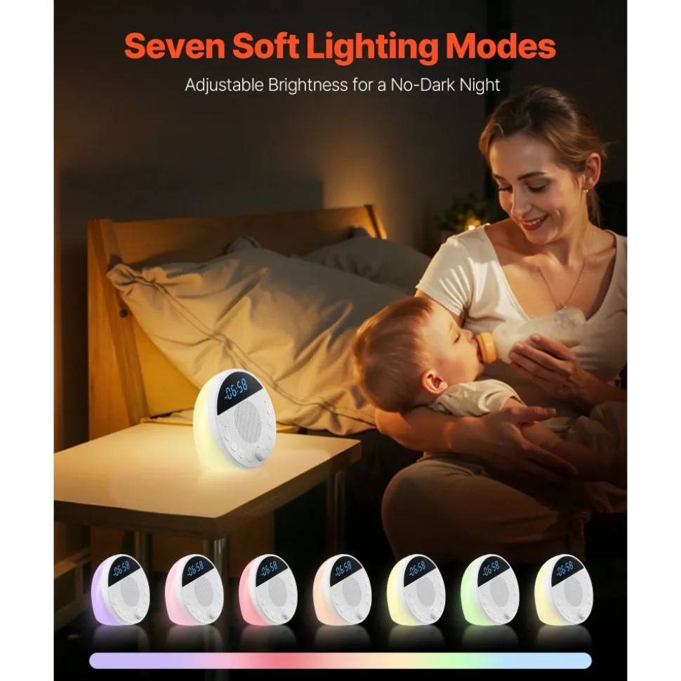 VEVOR Sound Machine, 18 Soothing Sleep Sounds, 7-Color Night Light, 6-in-1 White Noise Sound Machine with Dual Alarms, APP, Auto-Off Timer and Memory Function, for Baby, Adults, Home, Office & Travel