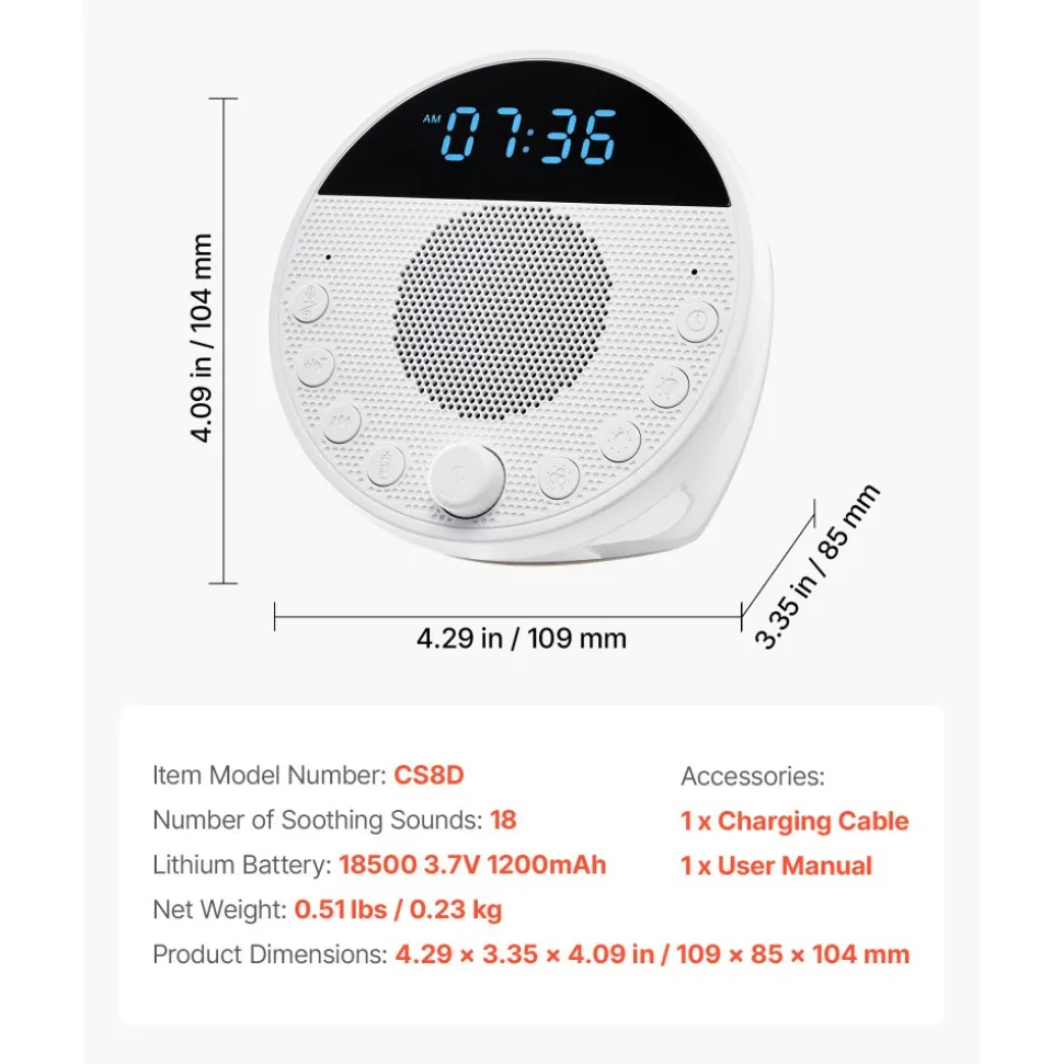 VEVOR Sound Machine, 18 Soothing Sleep Sounds, 7-Color Night Light, 6-in-1 White Noise Sound Machine with Dual Alarms, APP, Auto-Off Timer and Memory Function, for Baby, Adults, Home, Office & Travel