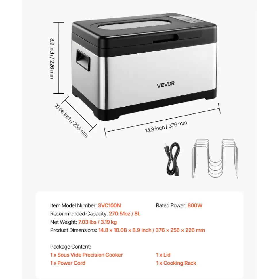 VEVOR Sous Vide Cooker, 800W Sous-Vide Machine, Suveed Cooking Machine with LED Digital Display, Glass Lid, Precise Temperature & Timer Control, for Family & Friends, All-in-One Sous Vide Pot