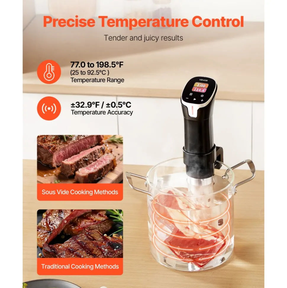 VEVOR Sous Vide Precision Cooker, 1100W Sous-Vide Cooking Machine, WIFI Immersion Circulator with 10 Preset Recipes, LCD Touchscreen, Fast-Heating, Accurate Temperature & Timer, App Control