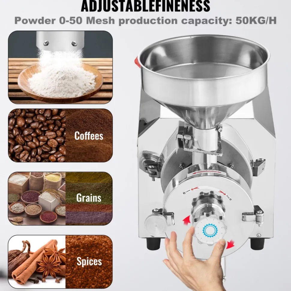VEVOR Soybean Grinder Commercial Grinding Machine for Spices 2200W Corn Mill Grinder 50 KG/H Stainless Steel Corn Grinder Industrial Flour Milling Machine for Pepper Soybean Peanut Corn Grains