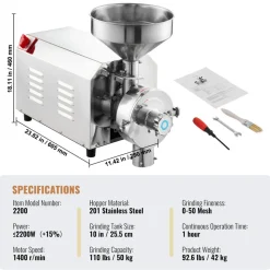 VEVOR Soybean Grinder Commercial Grinding Machine for Spices 2200W Corn Mill Grinder 50 KG/H Stainless Steel Corn Grinder Industrial Flour Milling Machine for Pepper Soybean Peanut Corn Grains