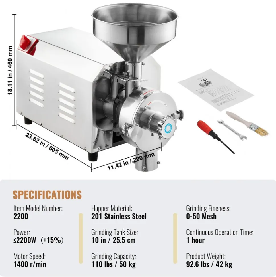 VEVOR Soybean Grinder Commercial Grinding Machine for Spices 2200W Corn Mill Grinder 50 KG/H Stainless Steel Corn Grinder Industrial Flour Milling Machine for Pepper Soybean Peanut Corn Grains