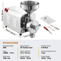 VEVOR Soybean Grinder Commercial Grinding Machine for Spices 3000W Corn Mill Grinder 100 KG/H Stainless Steel Corn Grinder Industrial Flour Milling Machine for Pepper Soybean Peanut Corn Grains