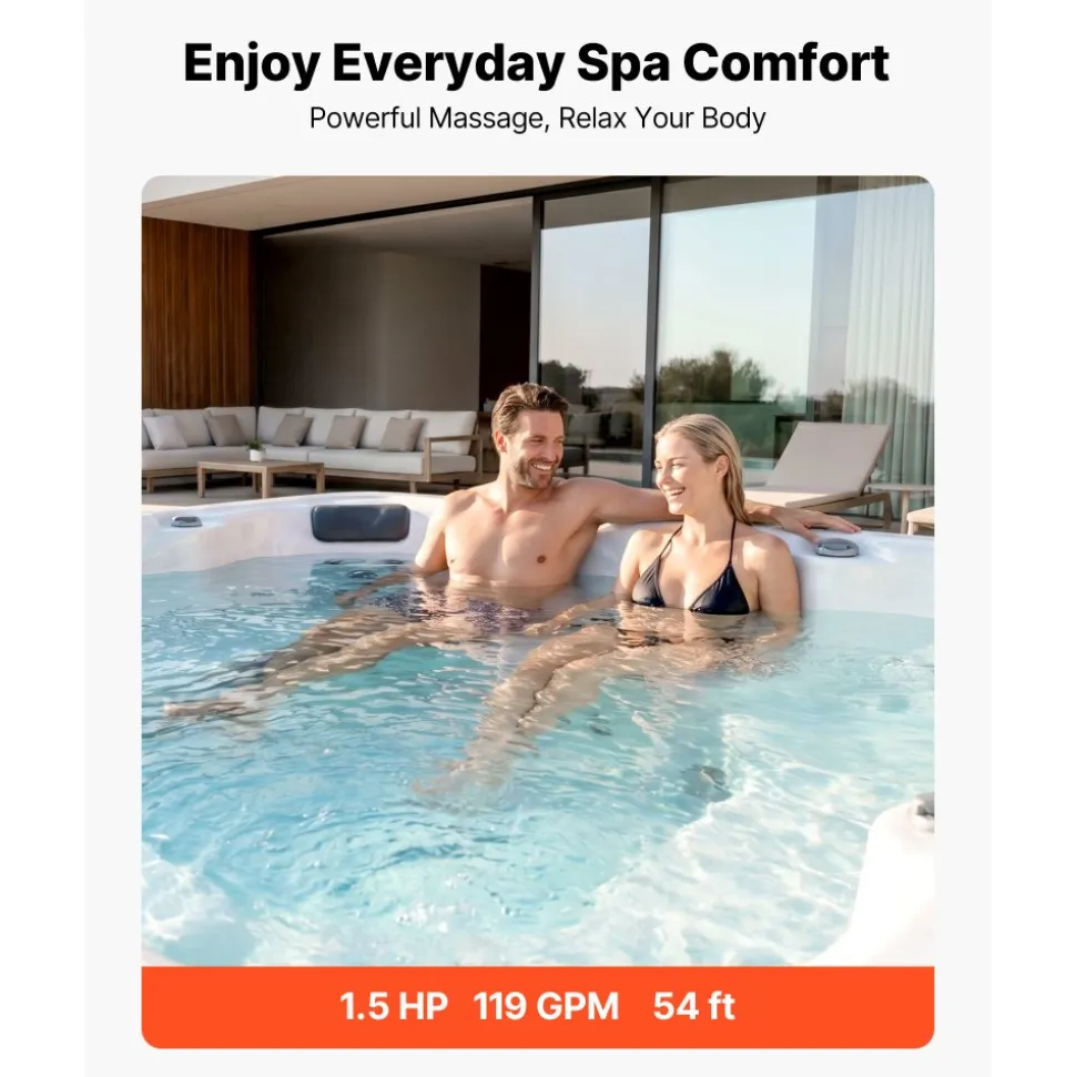 VEVOR SPA Pump 1.5HP Hot Tub Bath Pump 115V 119GPM Flow Rate with 1.5" Port, 90° Rotational Interface, 54 ft Max Lifting Height, Copper Motor, SPA Bath Water Circulation, Compatible with OEM Models
