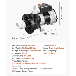 VEVOR SPA Pump 1.5HP Hot Tub Bath Pump 115V 119GPM Flow Rate with 1.5