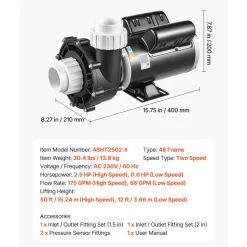 VEVOR SPA Pump 2.5HP Hot Tub Pump 2 Speed 48 Frame with 1.5" & 2" Port, 230V, 175 GPM High Speed & 66 GPM Low Speed, 90° Rotational Interface, SPA Bath Water Circulation, Compatible with OEM Models