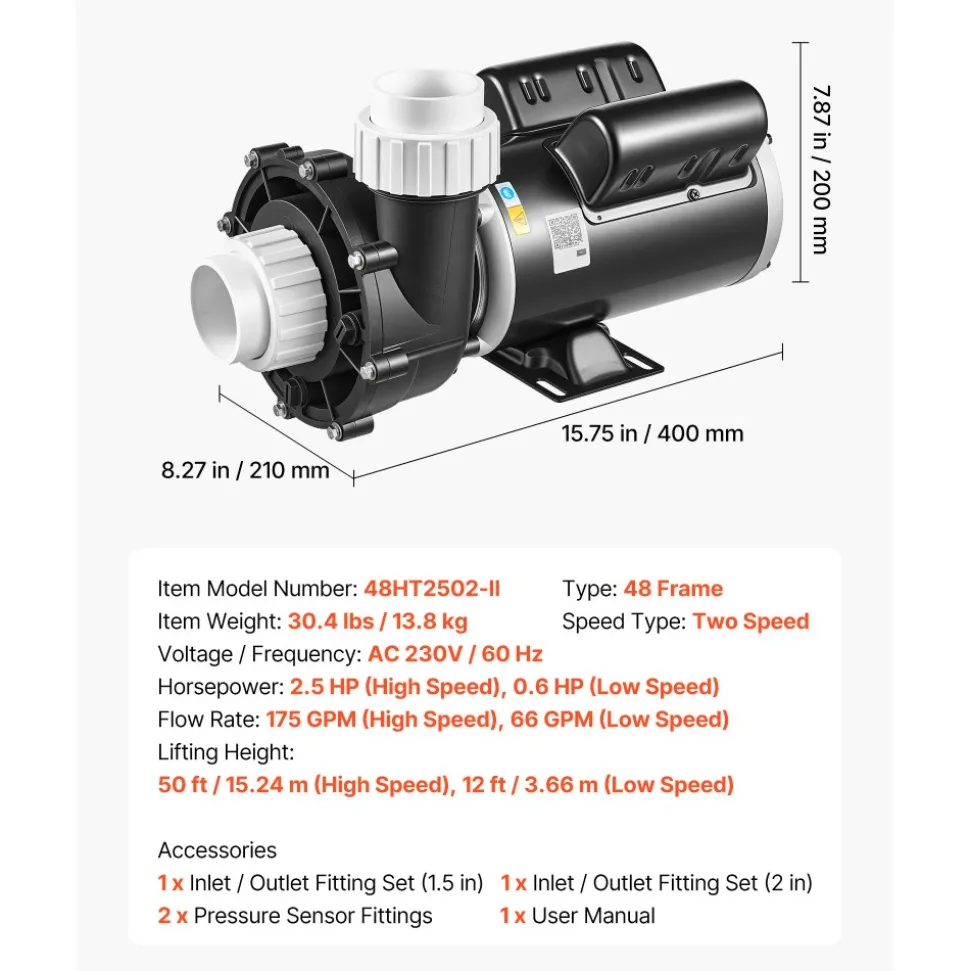 VEVOR SPA Pump 2.5HP Hot Tub Pump 2 Speed 48 Frame with 1.5" & 2" Port, 230V, 175 GPM High Speed & 66 GPM Low Speed, 90° Rotational Interface, SPA Bath Water Circulation, Compatible with OEM Models